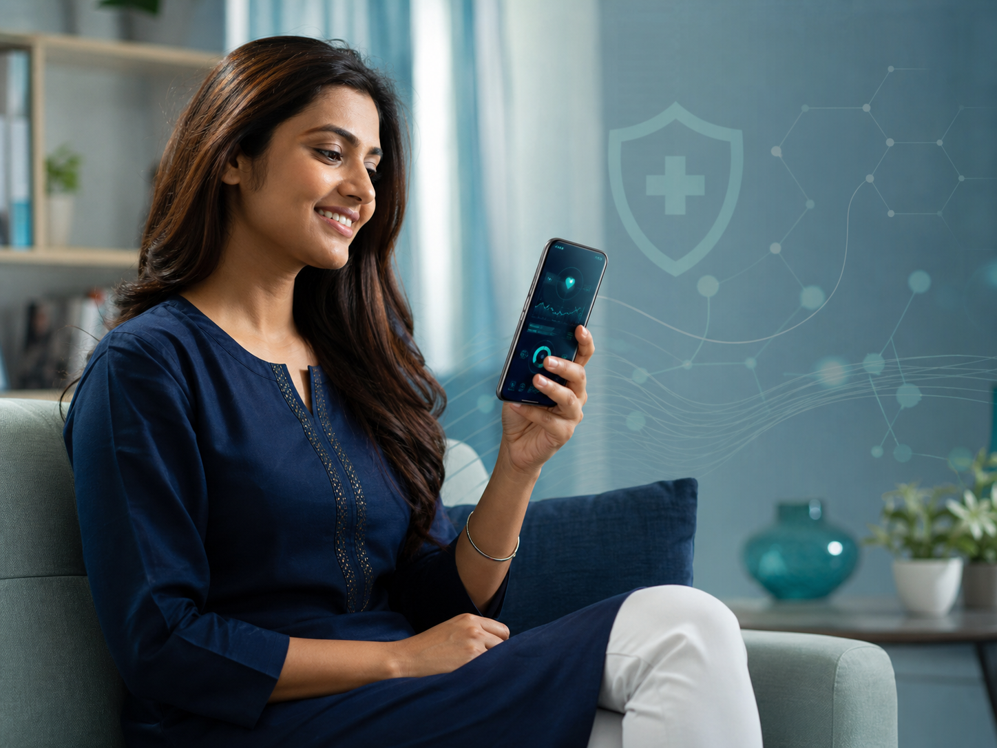 Woman using the Vaidhyaa mobile app at home
